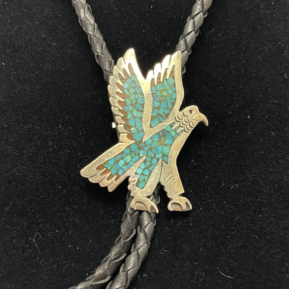 Vintage 1970s Navajo Bolo Tie Necklace / Turquois… - image 1