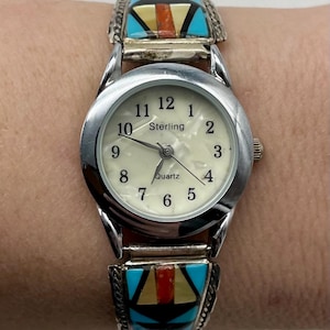 Wrist Watch / Artist Signed Zuni Handmade Sterling Silver Watch Tips With Multi-Stone Inlay / Includes Case & Band  #DN TheShopsInUptown