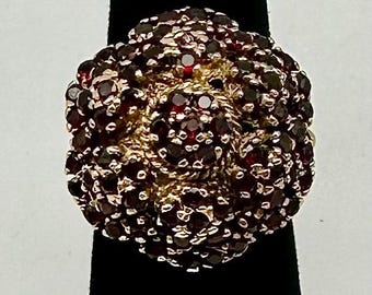 14 Karat Gold Large Flower Ring With Small Round Red Garnet Gemstones / Ring Size 5 1/2 #DN TheShopsInUptown