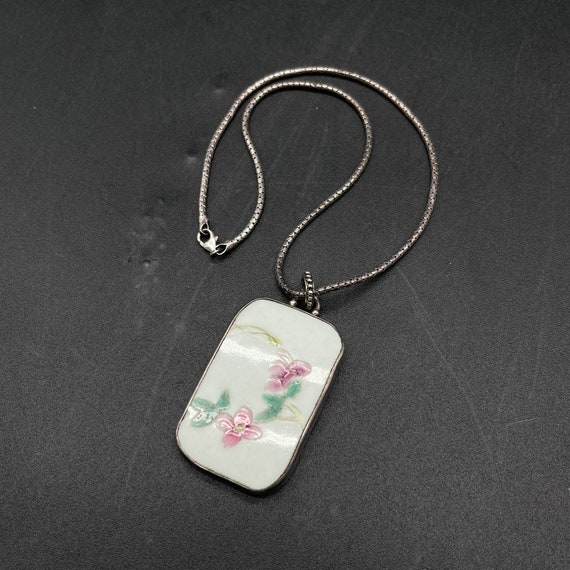 Collier Ancien En Argent Sterling Avec Porcelaine Bleue - Bijou Vintage Antique - Occasion