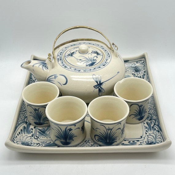 Vintage Tea Set / Eastern Asia / Dragonfly Ceramic Tea Set / C