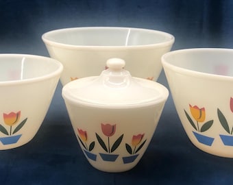 Complete Vintage Fire King Tulip Nesting Mixing Bowl Set 1940s Mid
