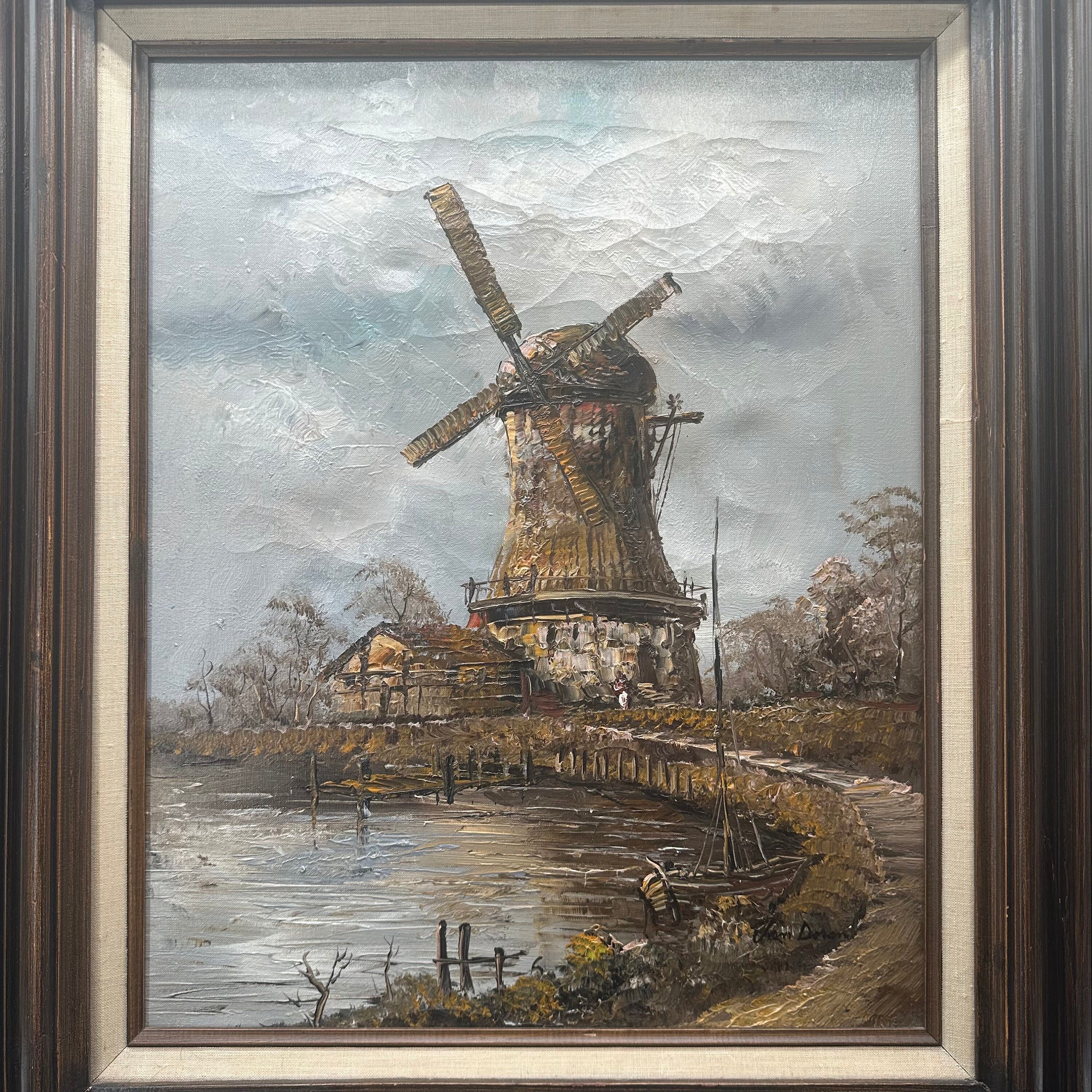 Signed Glen Doran Oil on Canvas Dutch Windmill Homestead Landscape