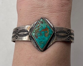 Cuff Bracelet / Artist Signed Navajo Handmade Sterling Silver Cuff Bracelet With Diamond Shaped Carico Lake Turquoise #ST25 TheShopsInUptown