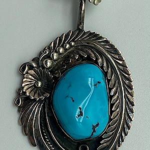 Artist Signed Navajo Handmade Sterling Silver Pendant Necklace With Turquoise Center Stone & Silver Bench Beads #DN TheShopsInUptown