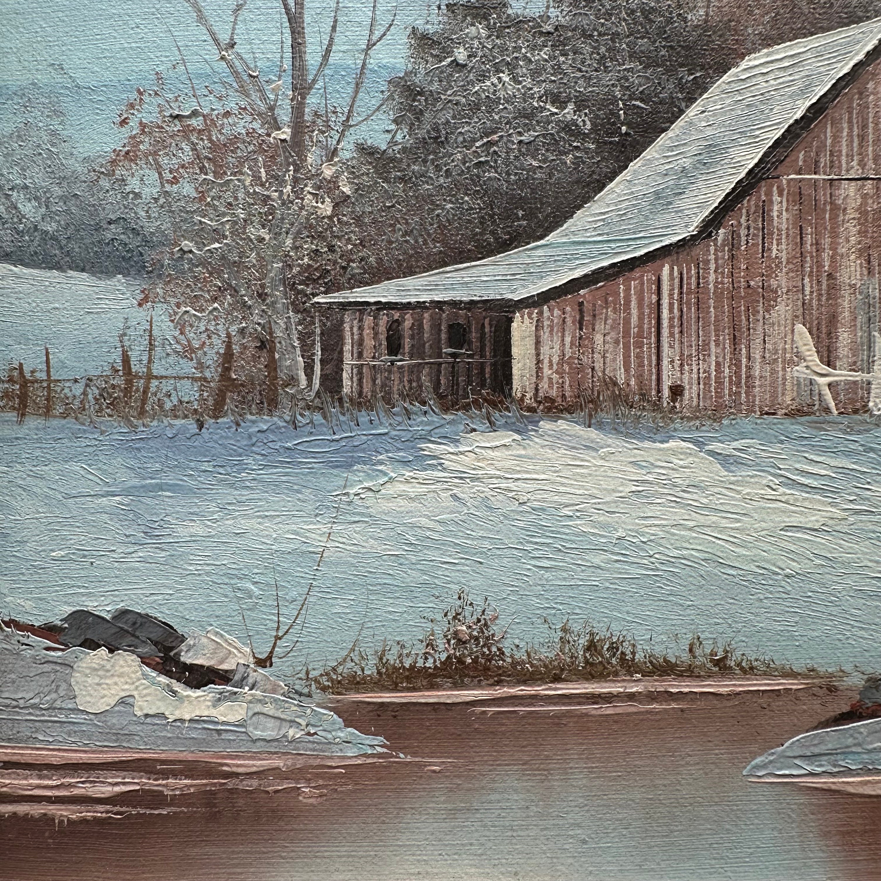 J Medina Signed Winter Barn Landscape Oil Painting / Framed Alice