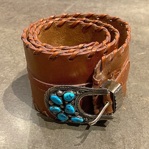 Large Artist Signed Navajo Handmade Brown Leather Belt With Sterling Silver And Turquoise / Tommy Moore #135 TheShopsInUptown