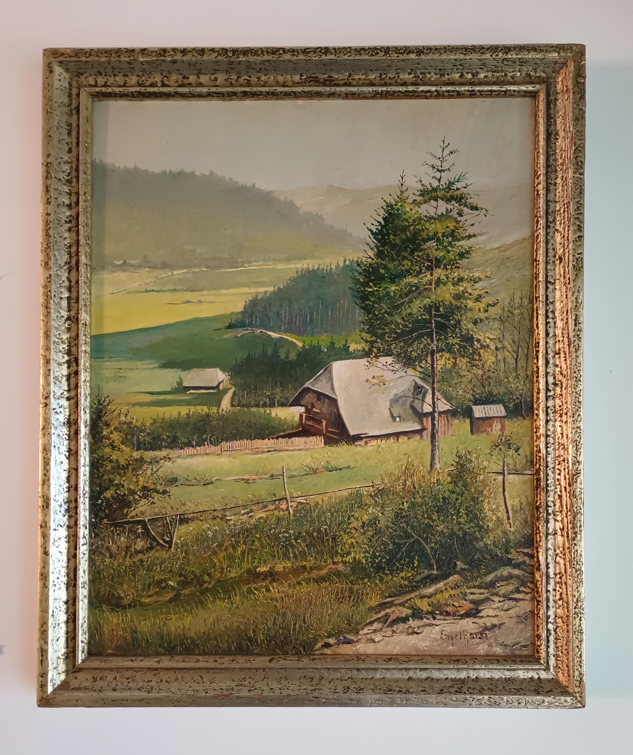 Framed Verticle German Landscape Oil by German Artist Anton