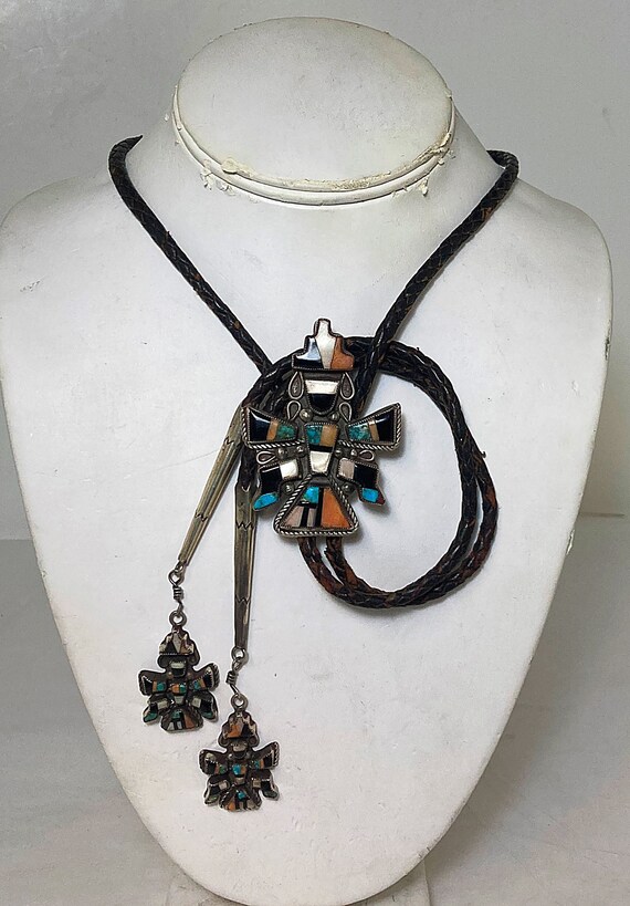 Zuni Handmade Multi-stone Inlay Knifewing Kachina Bolo Tie Set in 
