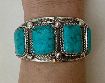 Randy Mahooty Signed Zuni Handmade Sterling Silver Cuff Bracelet With 4 Large Rectangular Shaped Turquoise Stones #37X TheShopsInUptown