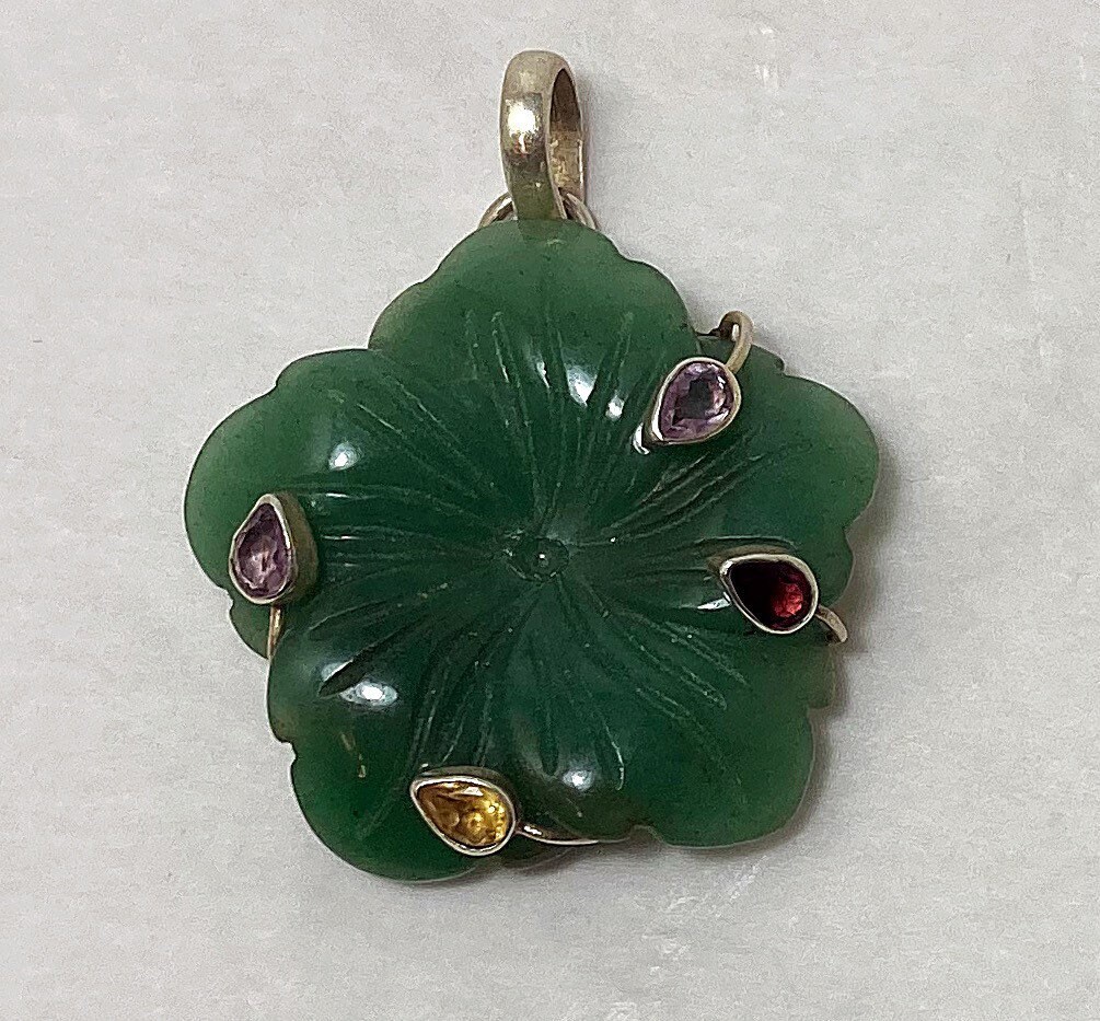 Hand Carved Jade Flower Pendant With Sterling Silver Wiring