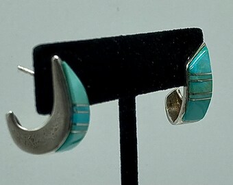 Pair Of Artist Signed Native American Handmade Sterling Silver ‘J’ Shaped Earrings With Turquoise Inlay #DN TheShopsInUptown
