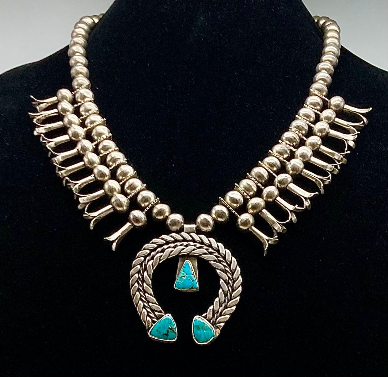 Native American Handmade Sterling Silver Squash Blossom Necklace
