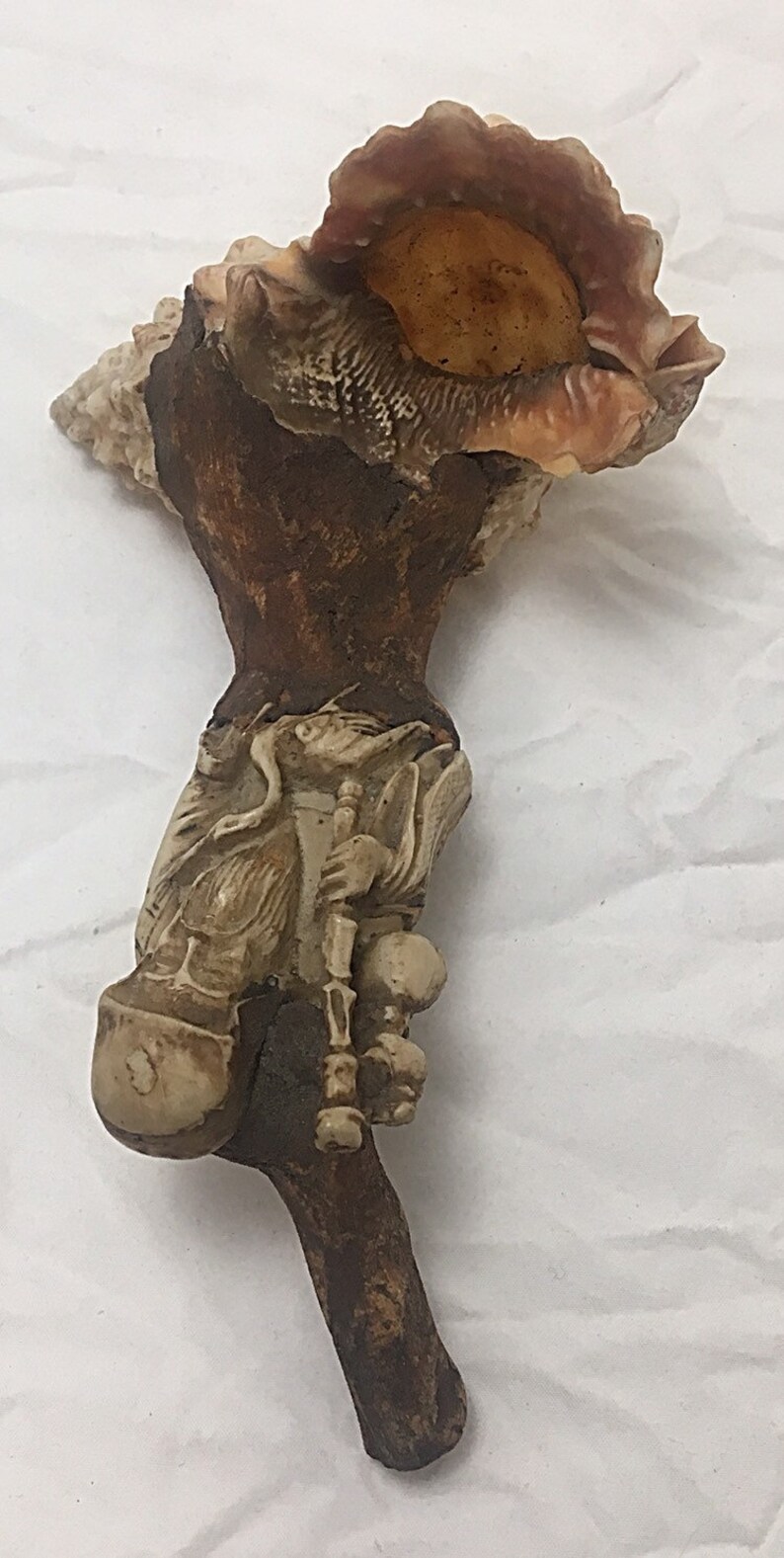 Shell 19th Century Handmade Chinese Carved Bone Clay Folk Art Pipe #DN