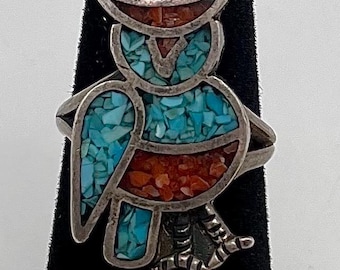 Owl Ring / Native American Handmade Sterling Silver Owl Ring With Turquoise & Red Coral Chip Inlay / Ring Size 5 1/2 #ST01 TheShopsInUptown