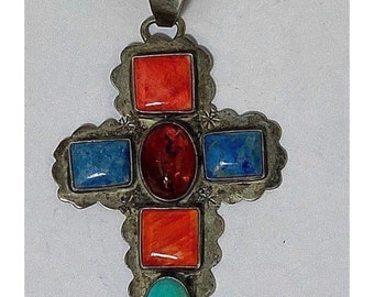 Sterling Silver Cross Pendant With Turquoise, Spiny Oyster, Denim Lapis gemstones #DN TheShopsInUptown BT4