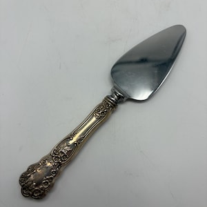 May include: A silver-toned cake server featuring a polished, triangular metal blade and an ornate, embossed handle decorated with detailed floral patterns and scrollwork. The handle exhibits a tarnished, aged finish, while the blade is smooth.