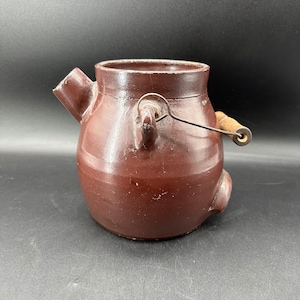 Antique Stoneware Pottery Batter Jug with Wire and Wooden Handle / Hallmarked Pottery Batter Jug Havana NY / TheShopsInUptown