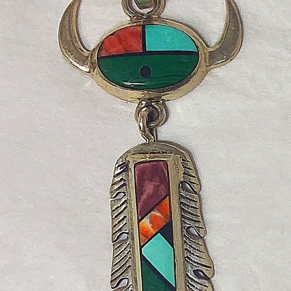 Signed Navajo Handmade Sterling Silver Yei Pendant Necklace With Multi Stone Channel Inlay / Frank Yellowhorse #DN TheShopsInUptown BSN