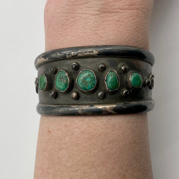 Native American Handmade Ingot Coin Silver Cuff Bracelet With 5 Cerrillos Turquoise Stones / Circa 1920s #DN TheShopsInUptown BT2