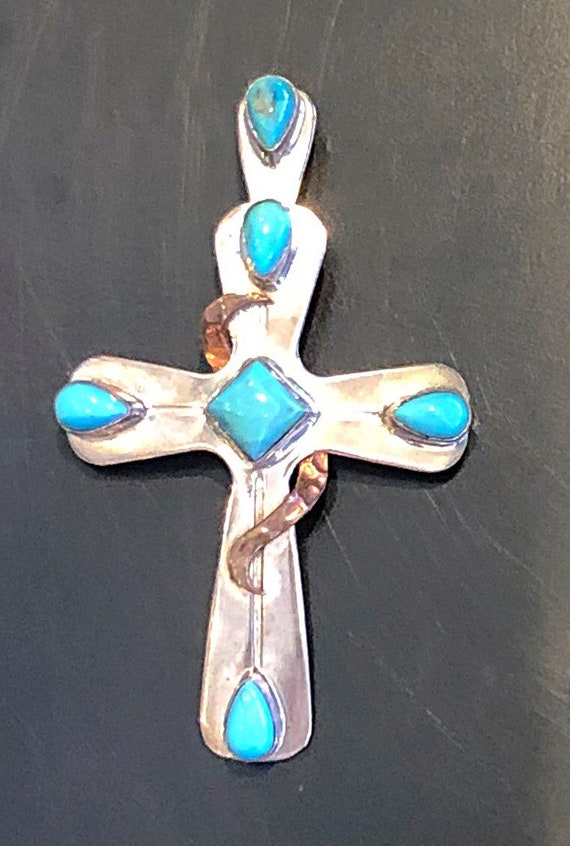 Sterling Silver, Copper And Turquoise Cross With S