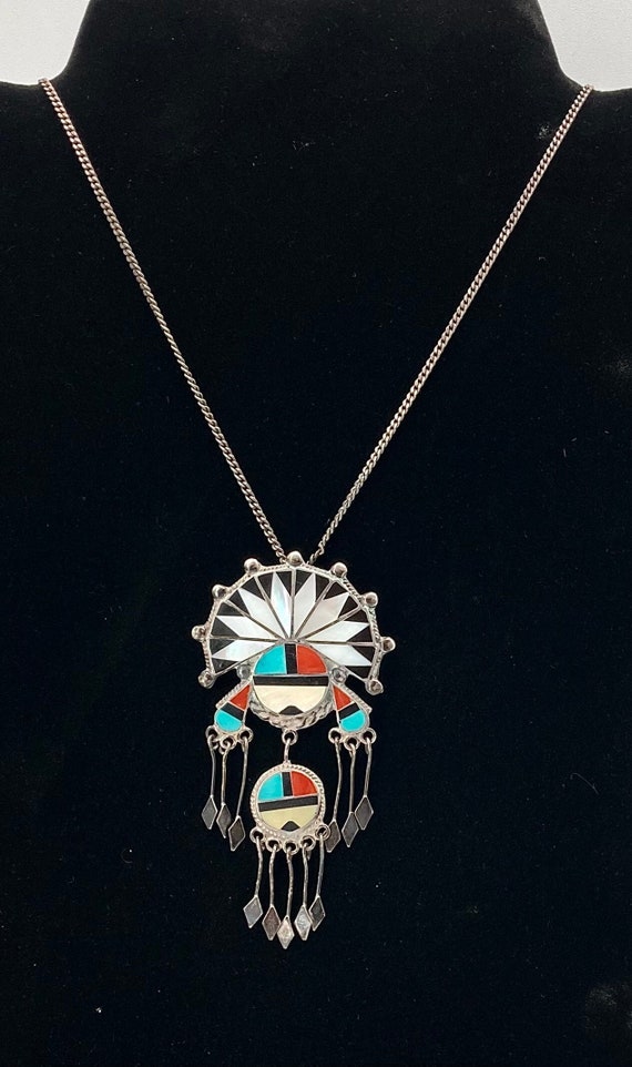 Zuni Handmade Sterling Silver Pendant Necklace Wit
