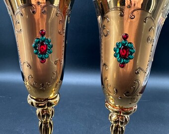 ミッチ　Xodas Goblet 24K Gold Fume Foot Bohemian Venetian Jeweled 24 Kt Gold Champagne Flute Goblet
