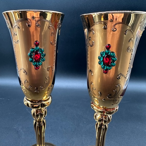 ミッチ　Xodas Goblet 24K Gold Fume Foot Bohemian Venetian Jeweled 24 Kt Gold Champagne Flute Goblet
