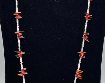 Native American Handmade Heishi Necklace With White Shell Beads, Red Seed Pods, And Genuine Leather Straps #DN TheShopsInUptown
