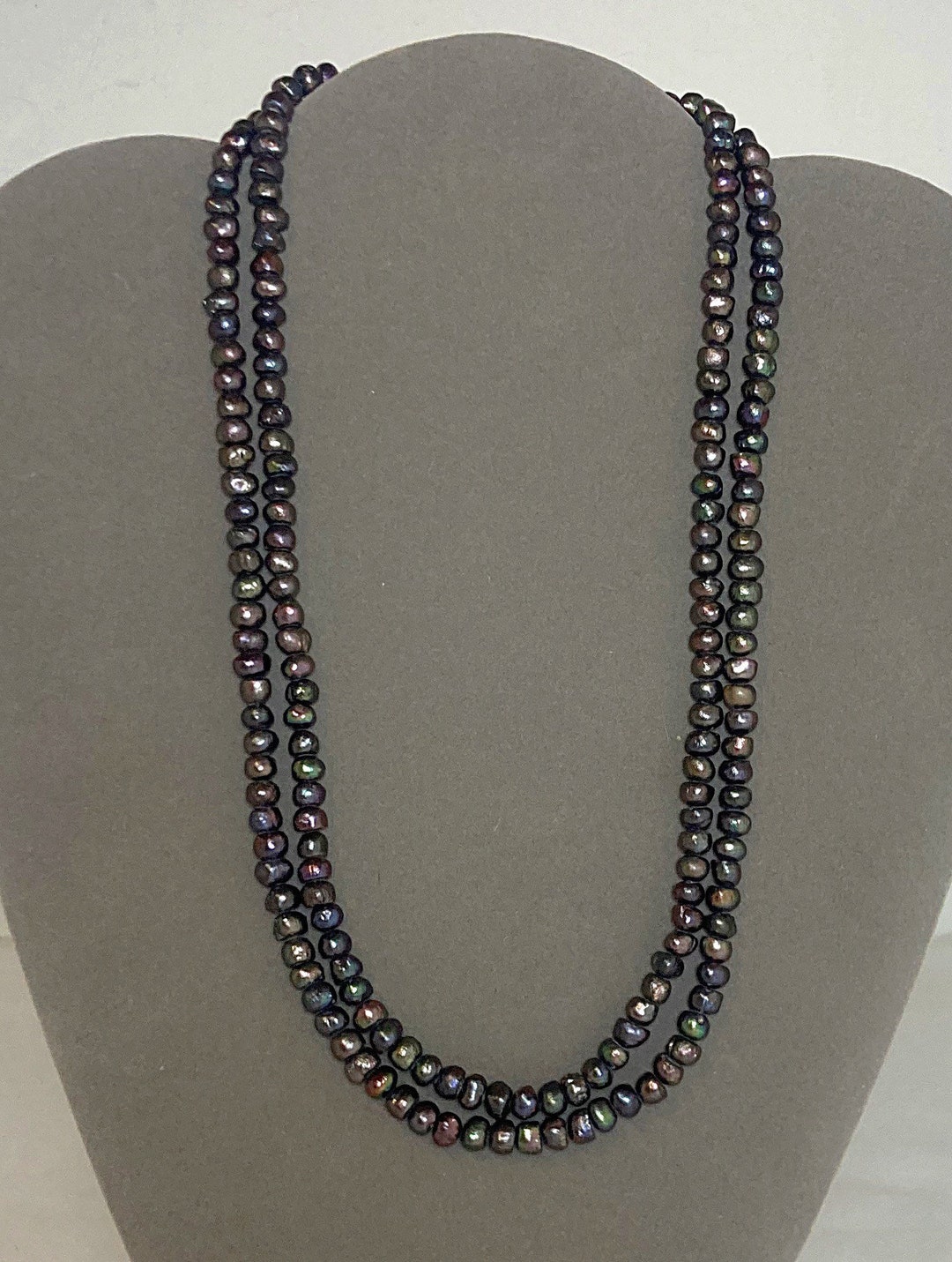 Double Strand Necklace With Baroque Black Pearls and Vintage Sterling ...
