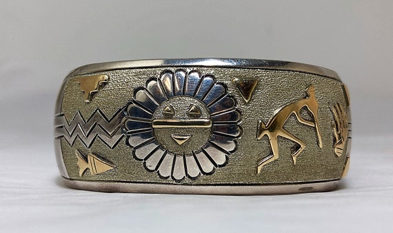 Rare Native American Navajo Signed Sterling Silver Geometric Sunface Handcarved Bracelet Rare Native American Navajo Signed Sterling Silver Geometric Sunface Handcarved Bracelet