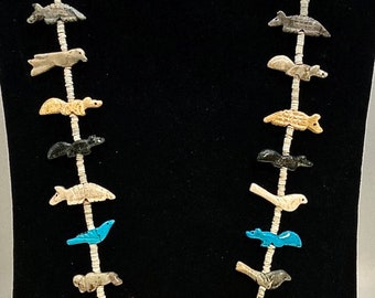 Native American Handmade Heishi Fetish Necklace With Heartline Bear Centerpiece And Multi-Stone Animal Fetishes #DN TheShopsInUptown