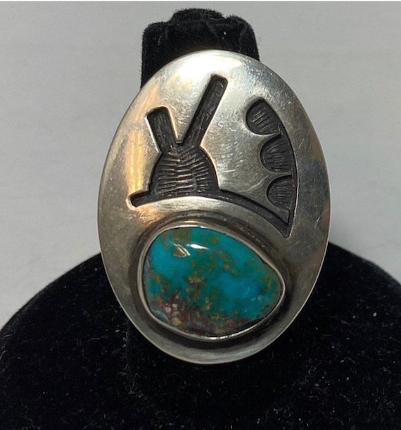 Signed Hopi Handmade Sterling Silver and Turquoise Ring With Hopi