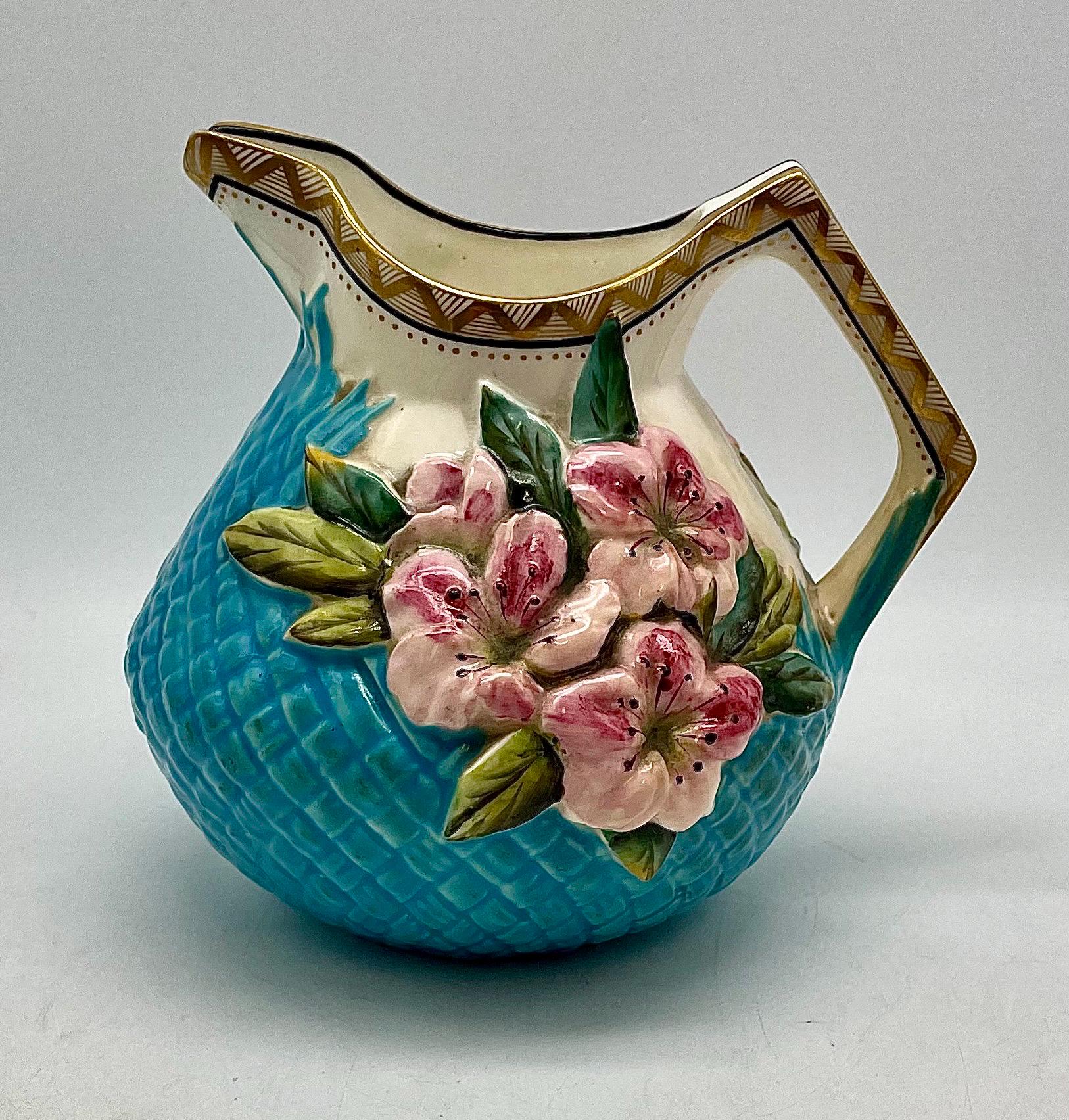 Minton Double Molded Porcelain Pitcher / Turquoise With Pink