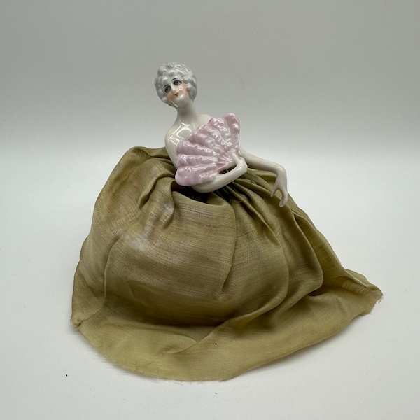 Vintage German Porcelain Half-Doll Pincushion / Elegant Pincushion Hand-Painted Porcelain Half-Doll with Green Skirt / TheShopsInUptown