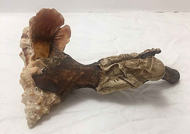 Shell 19th Century Handmade Chinese Carved Bone Clay Folk Art Pipe #DN