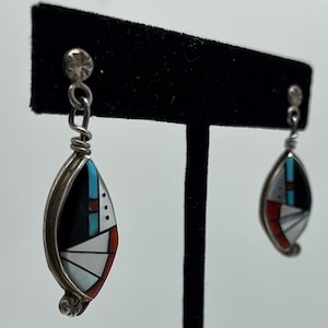 Zuni Earrings / Pair Of Small Ola Eriacho Signed Zuni Handmade Sterling Silver Earrings With Multi-Stone Inlay #ST25 TheShopsInUptown