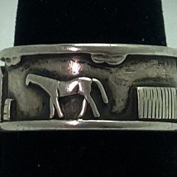 Artist Signed Navajo Handmade Sterling Silver Ring With Overlay Of Pueblo Scene / R.H. Begay / Ring Size 9 1/2 #dn TheShopsInUptown BSR