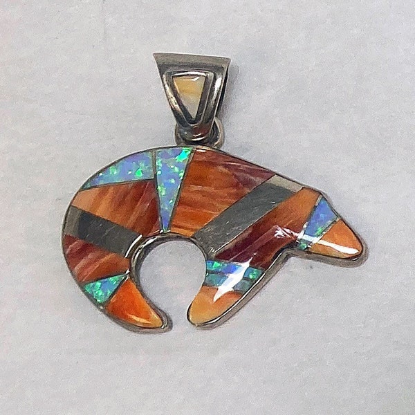 Navajo Handmade Sterling Silver And Multi Stone Inlay Bear Pendant / Calvin Begay Style #DN TheShopsInUptown BSN