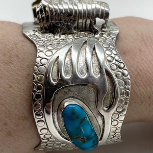 Cuff Watch / Artist Signed Navajo Handmade Sterling Silver Cuff Style Wrist Watch Band With Paw Prints And Turquoise #ST25 TheShopsInUptown