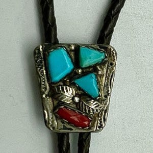 Bolo Tie / Artist Signed Zuni Handmade Brown Leather Bolo Tie With Sterling Silver, Turquoise And Red Coral #ST25 TheShopsInUptown