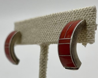 Pair Of Artist Signed Navajo Handmade Sterling Silver Half Hoop Earrings With Red Coral Inlay #ST25 TheShopsInUptown
