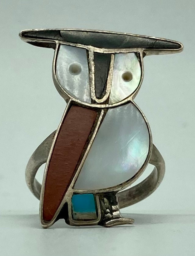 Native American Handmade Sterling Silver Owl Ring With Multi-Stone Inlay / Ring Size 5 3/4 #DN TheSh