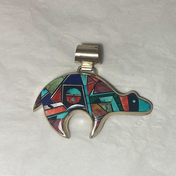 Artist Signed Navajo Handmade Sterling Silver And Multi Stone Inlay Bear Pendant / Frank Yellowhorse #DN TheShopsInUptown BT4