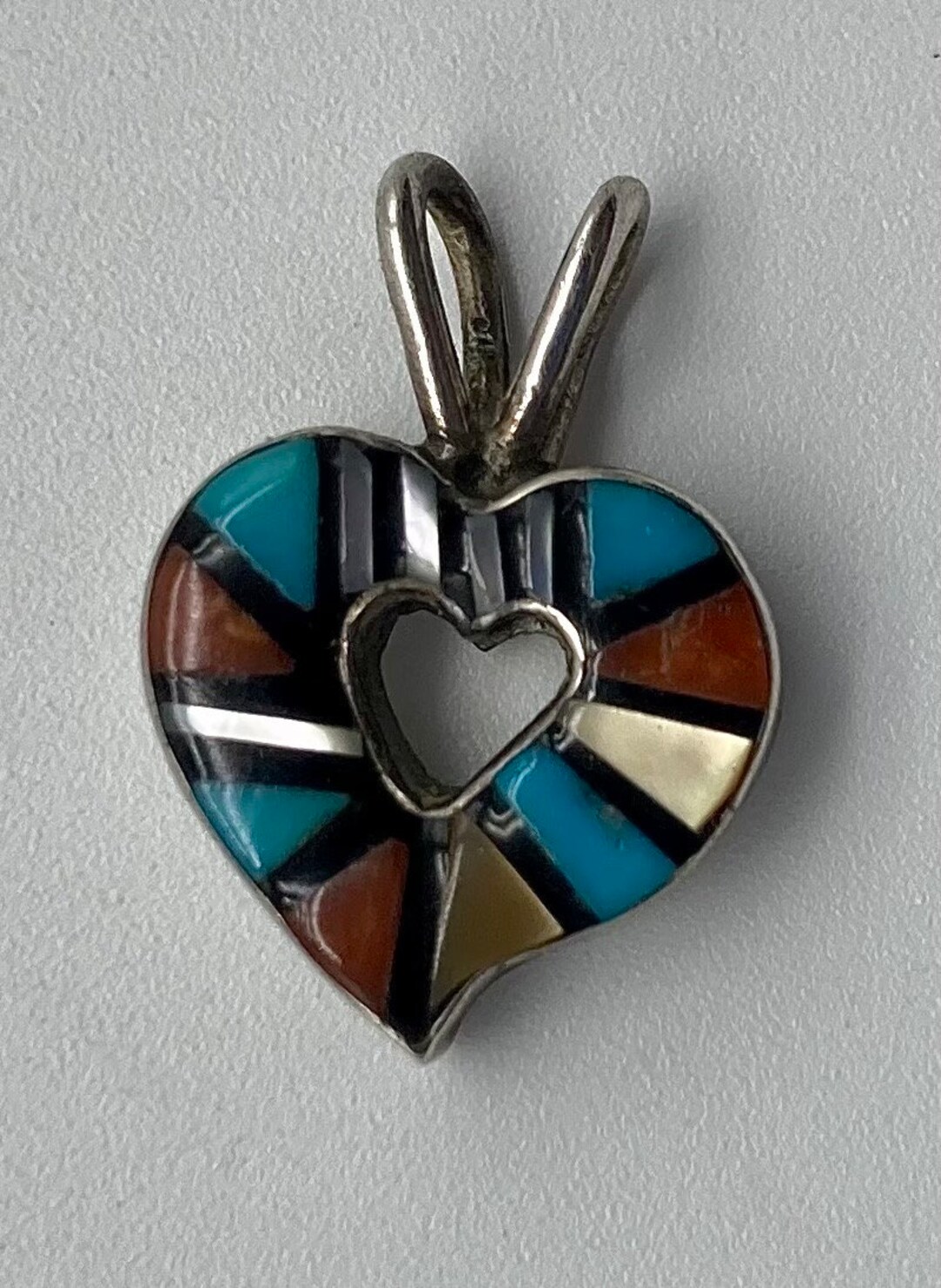 Small Hopi Handmade Sterling Silver Heart Pendant With Multi-stone ...