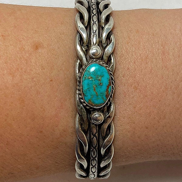 Pueblo Hand Milled And Hand Rolled Ingot Sterling Silver Cuff Bracelet With Blue Gem Turquoise Stone #DN TheShopsInUptown BT2