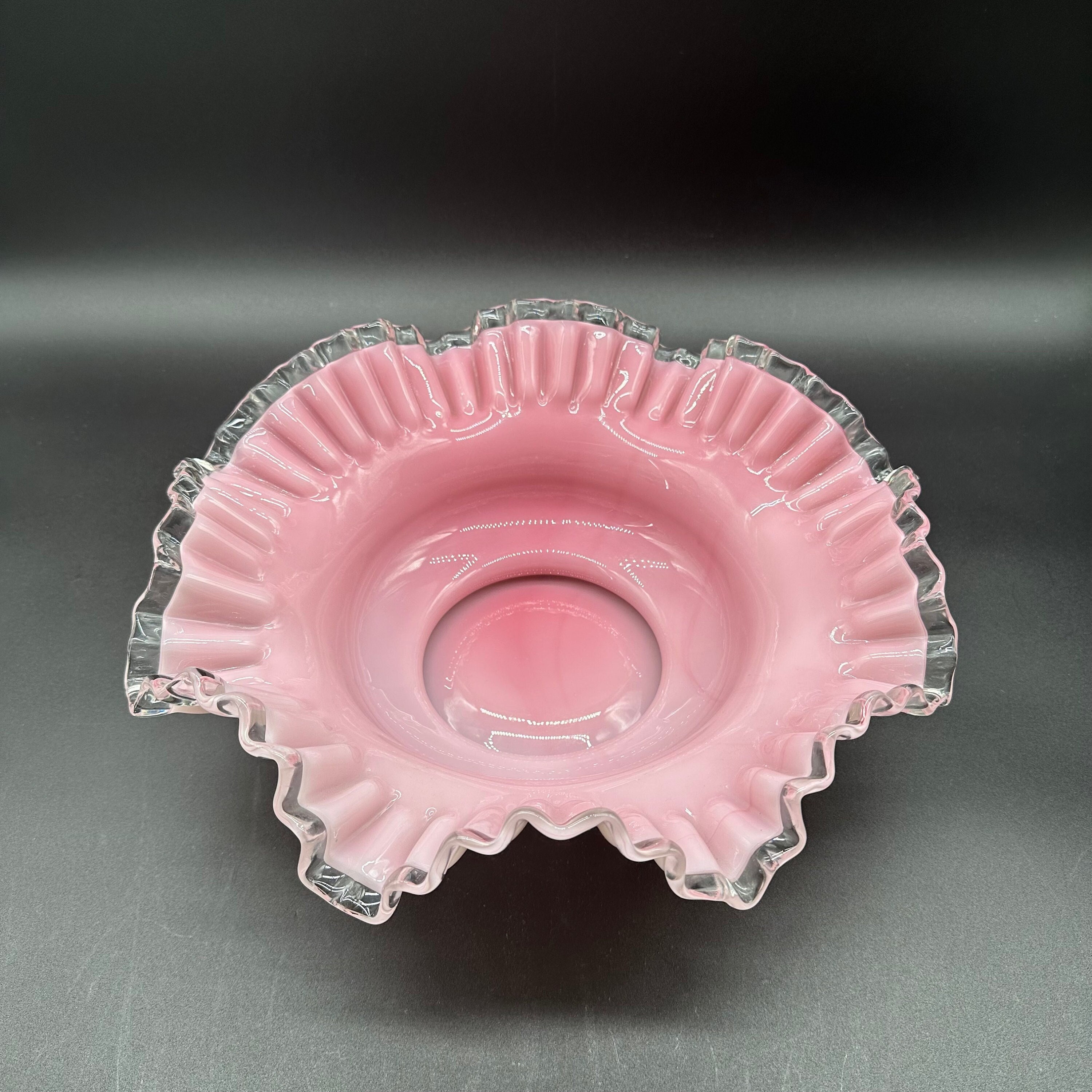 開催中セール一覧 Fenton Pink and White Large Ruffle Cased Glass Bowl 工芸品