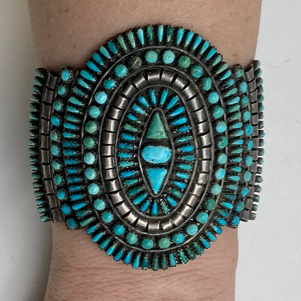 Amazing Large Native American Handmade Sterling Silver Cuff Bracelet With 192 Small Natural Turquoise Stones #37X TheShopsInUptown