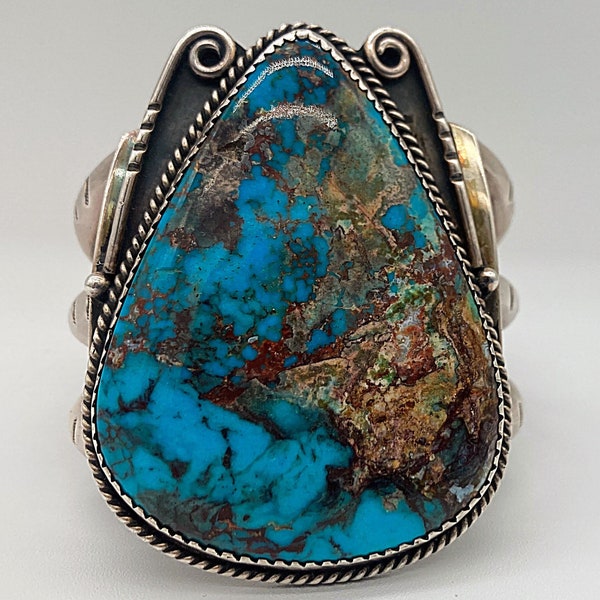 Mark Chee Signed Navajo Handmade Sterling Silver Cuff Bracelet With Massive Gem Quality Turquoise Stone / Museum Piece #C04 TheShopsInUptown
