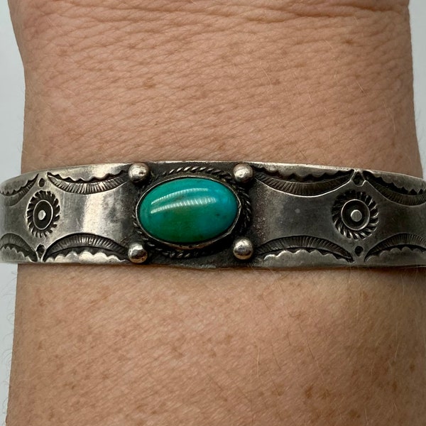 Fred Harvey Era Native American Handmade Ingot Sterling Silver Cuff Bracelet With Cerrillos Turquoise Stone #DN TheShopsInUptown